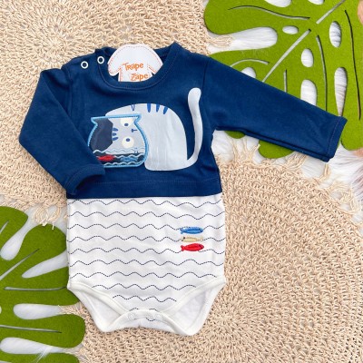 Kit 3 Peças - Bodys Manga Longa Gatinho com Peixinhos - Off White e Marinho